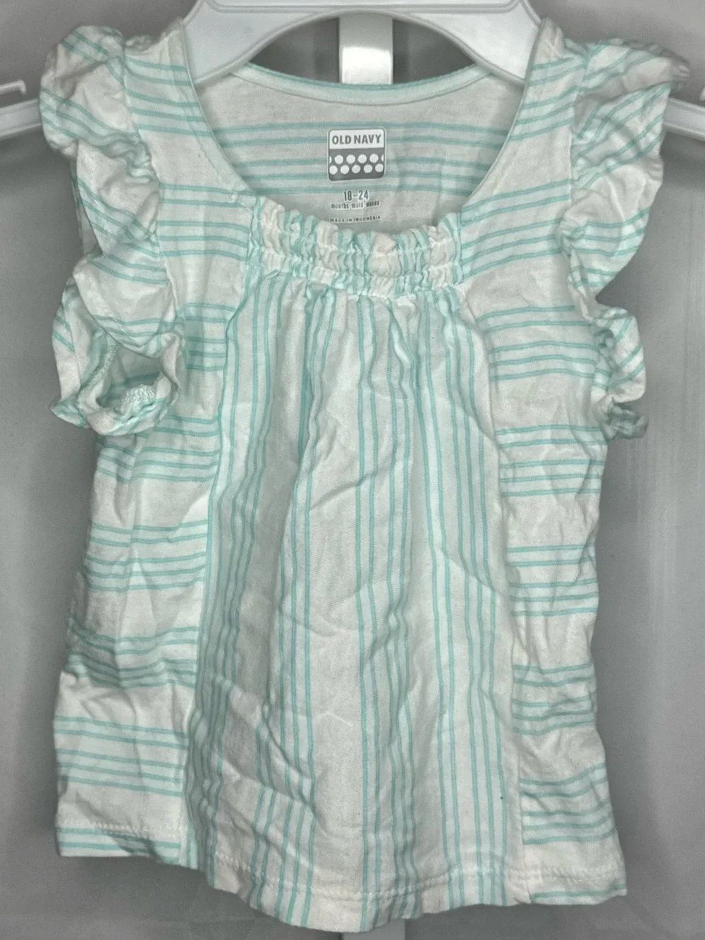 Old Navy White & Light Teal Striped Ruffle Sleeve Tee